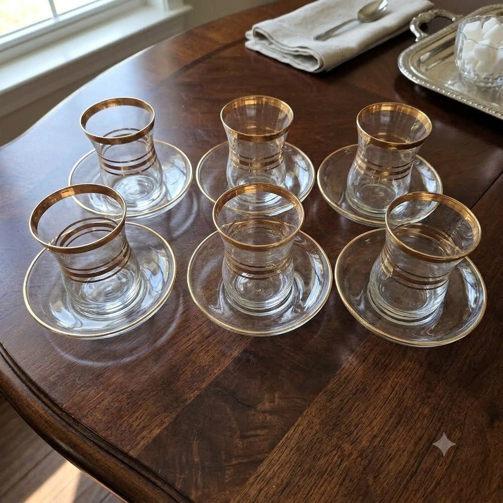 Vintage Turkish Tea Glass Set 6 Glasses 6 Saucers Gold Trim Tulip Shape Clear
